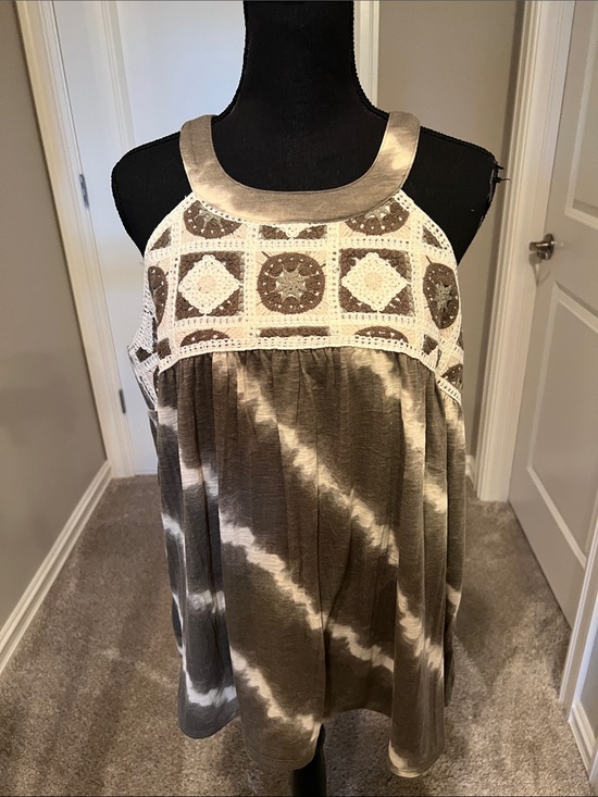 Cato Tops - Cato Brown and Cream Tie-Dye Crochet Halter Tunic